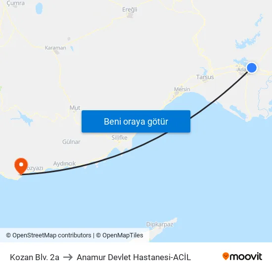 Kozan Blv. 2a to Anamur Devlet Hastanesi-ACİL map
