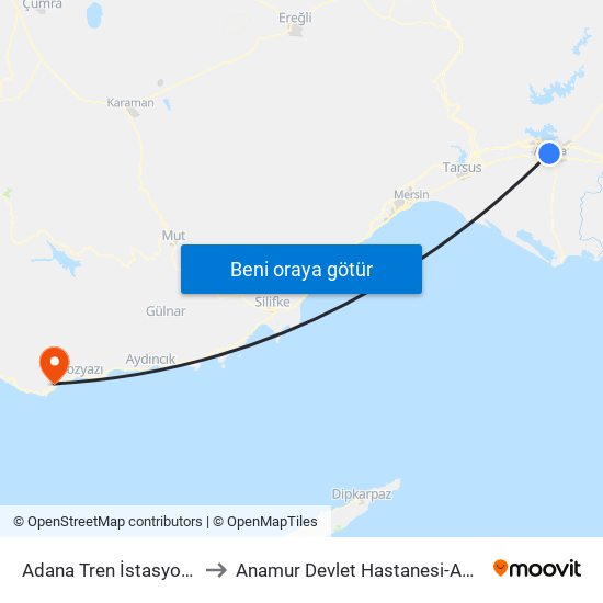 Adana Tren İstasyonu to Anamur Devlet Hastanesi-ACİL map