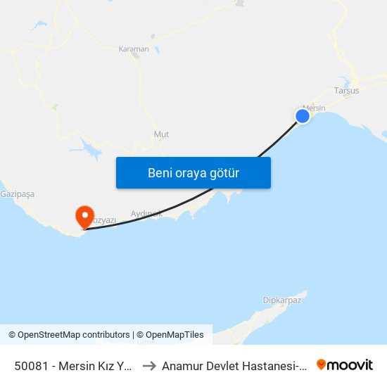 50081 - Mersin Kız Yurdu to Anamur Devlet Hastanesi-ACİL map