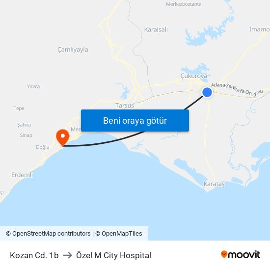 Kozan Cd. 1b to Özel M City Hospital map