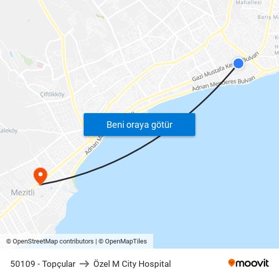 50109 - Topçular to Özel M City Hospital map