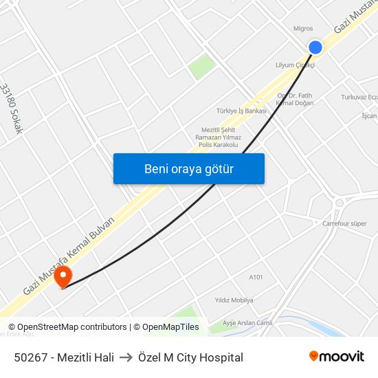 50267 - Mezitli Hali to Özel M City Hospital map