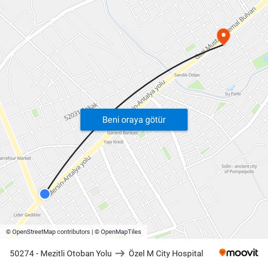 50274 - Mezitli Otoban Yolu to Özel M City Hospital map