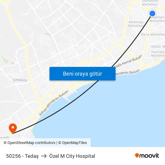 50256 - Tedaş to Özel M City Hospital map