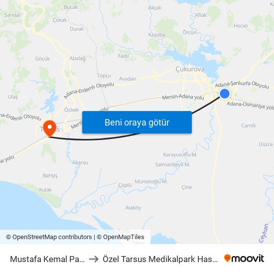 Mustafa Kemal Paşa 1 to Özel Tarsus Medikalpark Hastanesi map