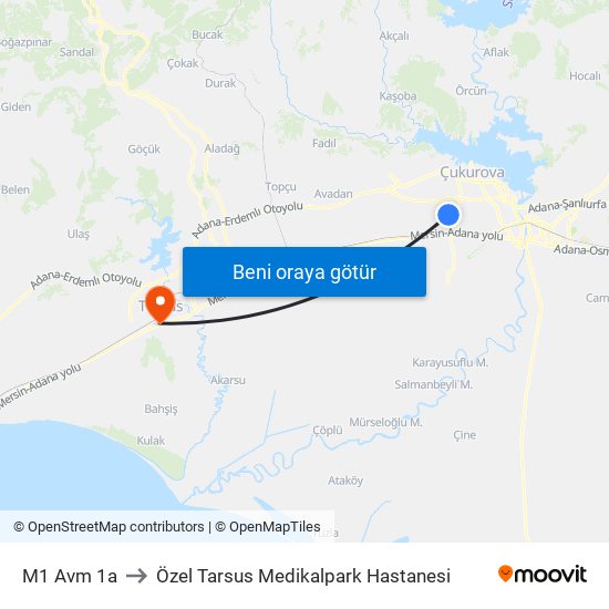 M1 Avm 1a to Özel Tarsus Medikalpark Hastanesi map