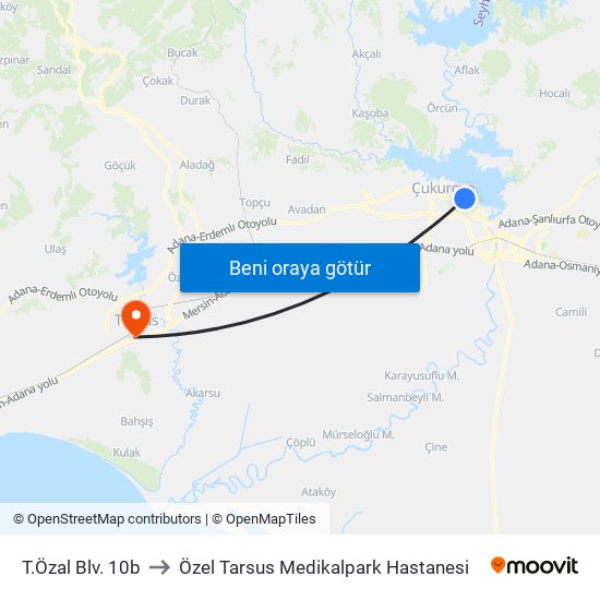 T.Özal Blv. 10b to Özel Tarsus Medikalpark Hastanesi map