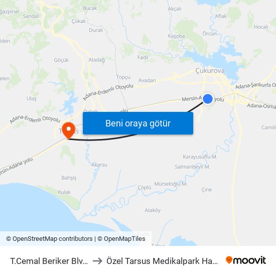T.Cemal Beriker Blv. 16b to Özel Tarsus Medikalpark Hastanesi map
