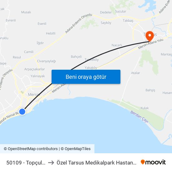 50109 - Topçular to Özel Tarsus Medikalpark Hastanesi map