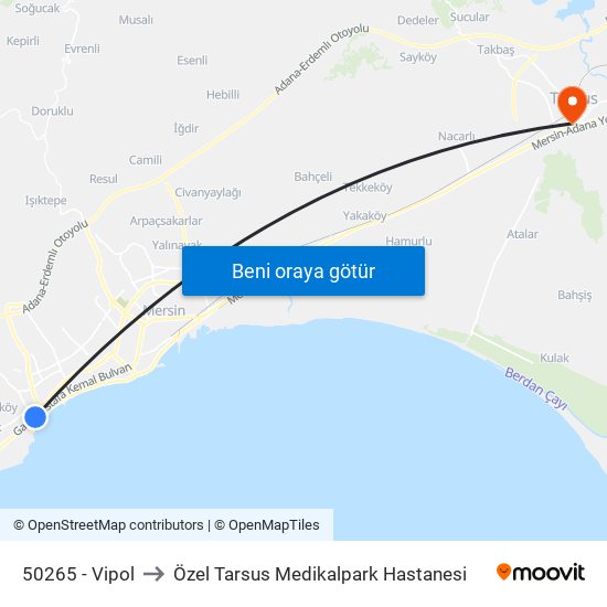 50265 - Vipol to Özel Tarsus Medikalpark Hastanesi map