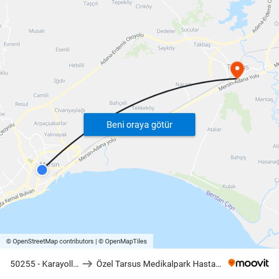 50255 - Karayolları to Özel Tarsus Medikalpark Hastanesi map