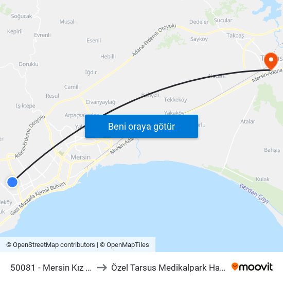 50081 - Mersin Kız Yurdu to Özel Tarsus Medikalpark Hastanesi map