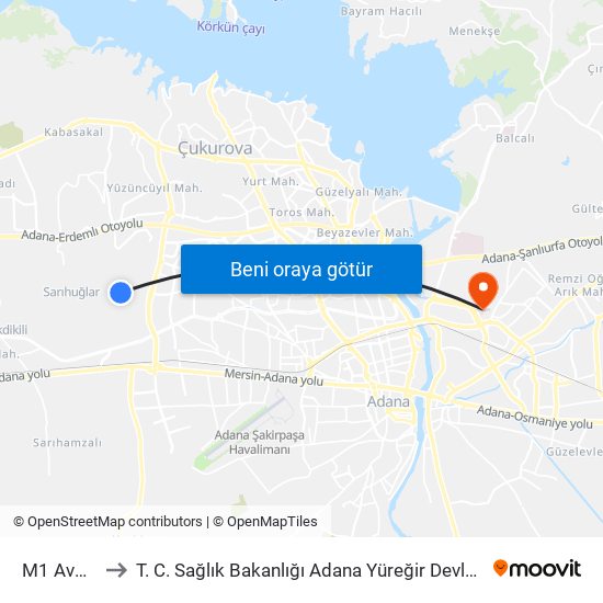 M1 Avm 1a to T. C. Sağlık Bakanlığı Adana Yüreğir Devlet Hastanesi map