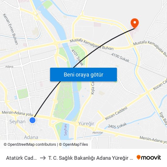 Atatürk Caddesi 1b to T. C. Sağlık Bakanlığı Adana Yüreğir Devlet Hastanesi map