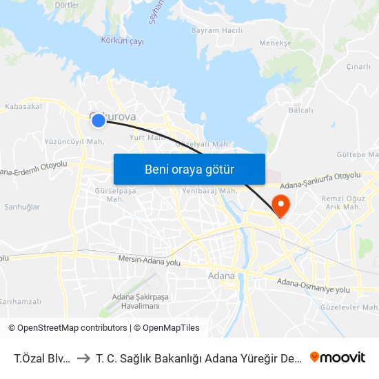 T.Özal Blv. 18b to T. C. Sağlık Bakanlığı Adana Yüreğir Devlet Hastanesi map