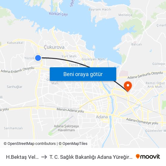 H.Bektaş Veli Blv. 1b to T. C. Sağlık Bakanlığı Adana Yüreğir Devlet Hastanesi map