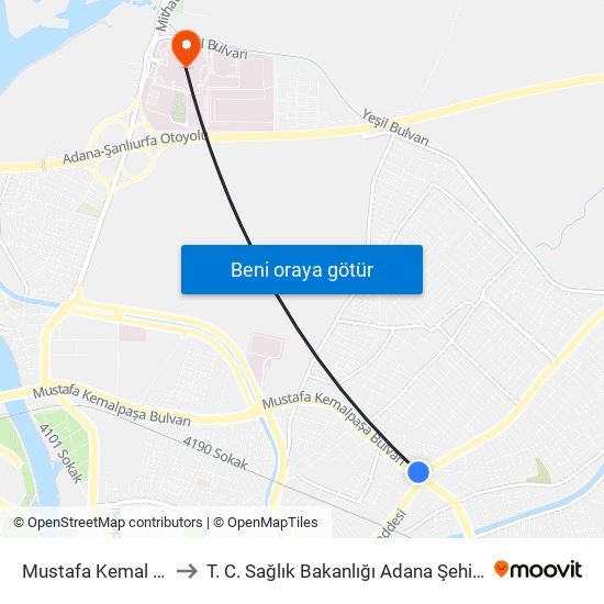 Mustafa Kemal Paşa 1 to T. C. Sağlık Bakanlığı Adana Şehir Hastanesi map