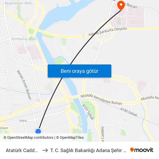 Atatürk Caddesi 4a to T. C. Sağlık Bakanlığı Adana Şehir Hastanesi map