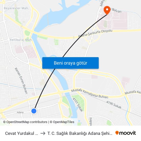 Cevat Yurdakul Cd. 1a to T. C. Sağlık Bakanlığı Adana Şehir Hastanesi map