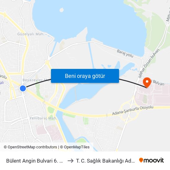 Bülent Angin Bulvari 6. Durak (Duygu Cafe) to T. C. Sağlık Bakanlığı Adana Şehir Hastanesi map