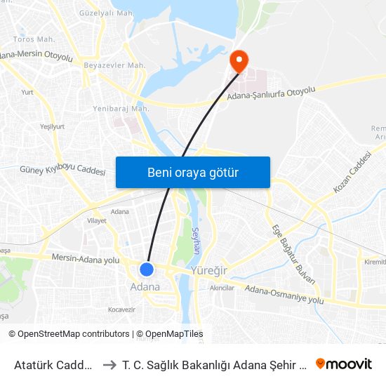 Atatürk Caddesi 1b to T. C. Sağlık Bakanlığı Adana Şehir Hastanesi map