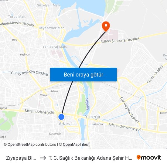 Ziyapaşa Blv. 1b to T. C. Sağlık Bakanlığı Adana Şehir Hastanesi map
