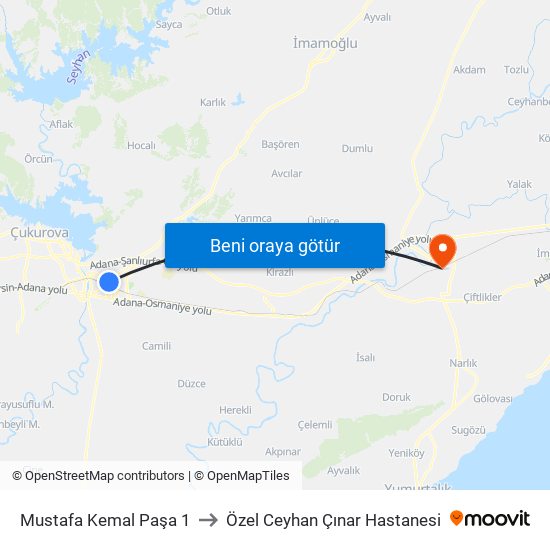 Mustafa Kemal Paşa 1 to Özel Ceyhan Çınar Hastanesi map