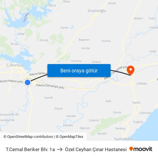T.Cemal Beriker Blv. 1a to Özel Ceyhan Çınar Hastanesi map