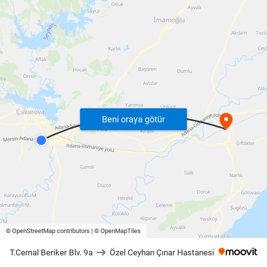 T.Cemal Beriker Blv. 9a to Özel Ceyhan Çınar Hastanesi map