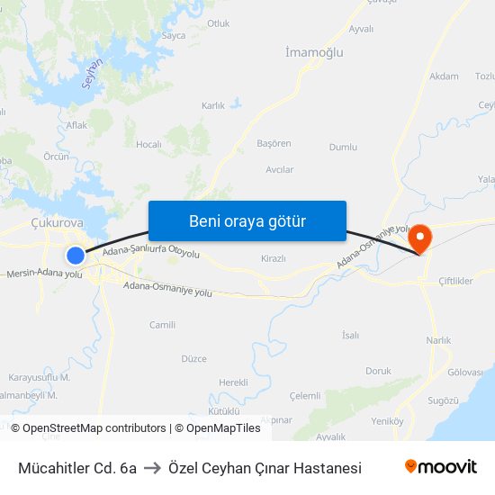 Mücahitler Cd. 6a to Özel Ceyhan Çınar Hastanesi map