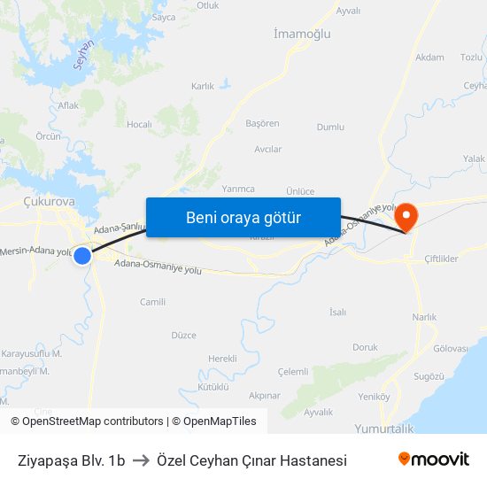Ziyapaşa Blv. 1b to Özel Ceyhan Çınar Hastanesi map