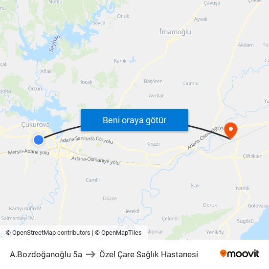 A.Bozdoğanoğlu 5a to Özel Çare Sağlık Hastanesi map