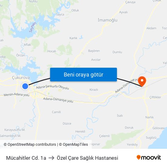 Mücahitler Cd. 1a to Özel Çare Sağlık Hastanesi map