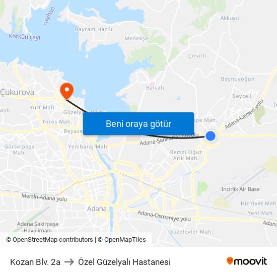 Kozan Blv. 2a to Özel Güzelyalı Hastanesi map