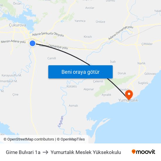 Girne Bulvari 1a to Yumurtalık Meslek Yüksekokulu map