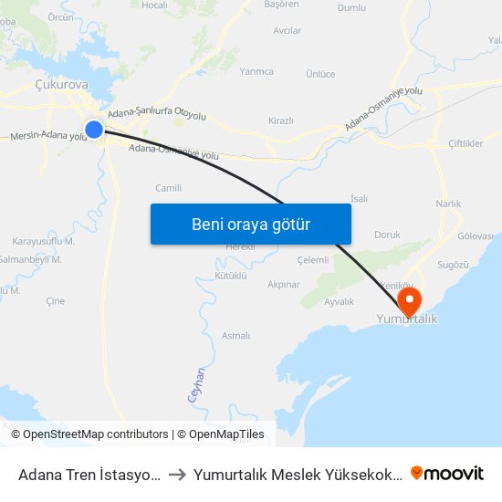 Adana Tren İstasyonu to Yumurtalık Meslek Yüksekokulu map