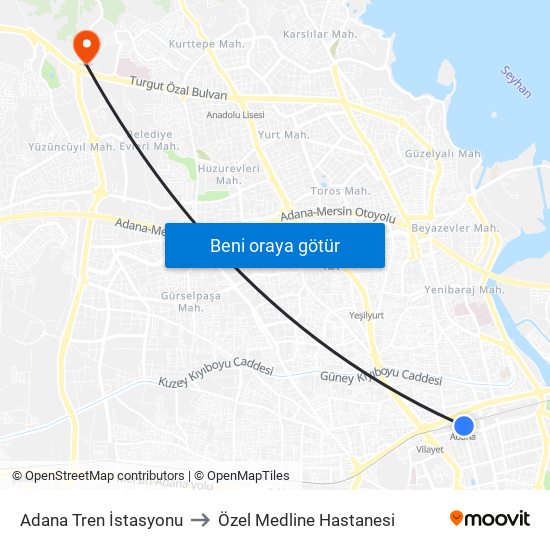 Adana Tren İstasyonu to Özel Medline Hastanesi map