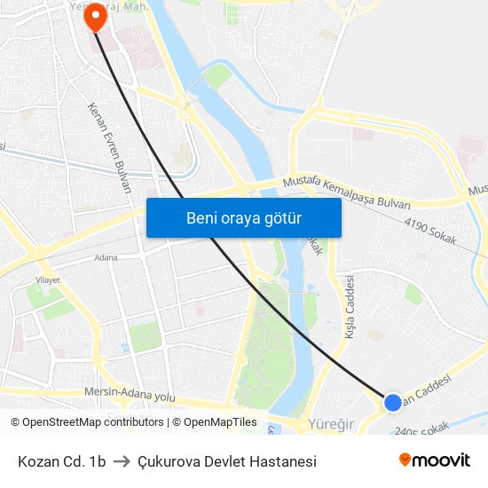 Kozan Cd. 1b to Çukurova Devlet Hastanesi map