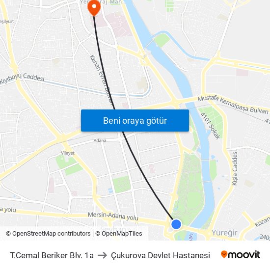 T.Cemal Beriker Blv. 1a to Çukurova Devlet Hastanesi map