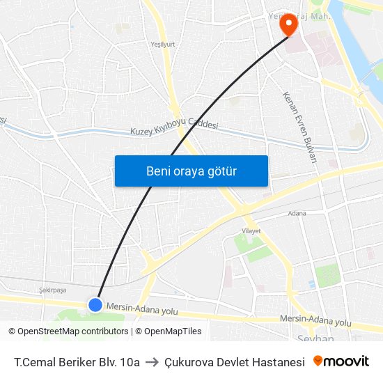 T.Cemal Beriker Blv. 10a to Çukurova Devlet Hastanesi map