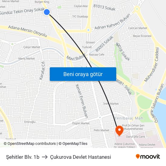 Şehitler Blv. 1b to Çukurova Devlet Hastanesi map