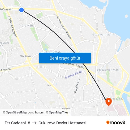 Ptt Caddesi -8 to Çukurova Devlet Hastanesi map