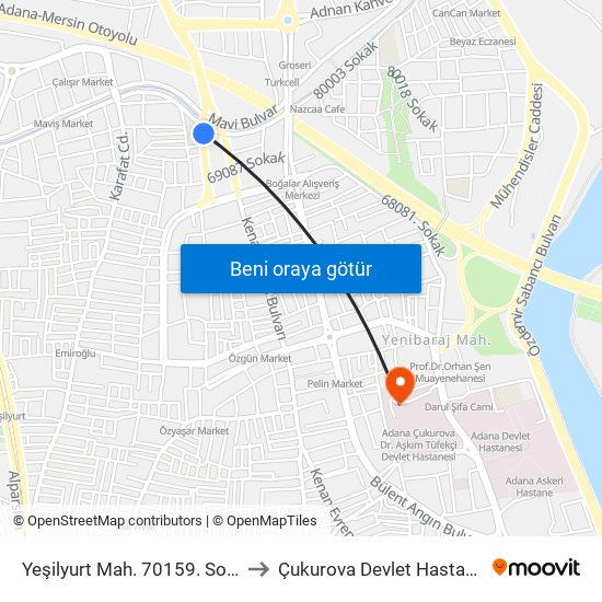 Yeşilyurt Mah. 70159. Sokak to Çukurova Devlet Hastanesi map