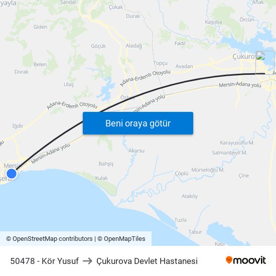 50478 - Kör Yusuf to Çukurova Devlet Hastanesi map