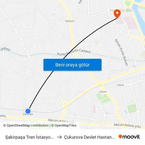 Şakirpaşa Tren İstasyonu to Çukurova Devlet Hastanesi map