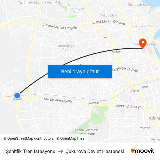 Şehitlik Tren İstasyonu to Çukurova Devlet Hastanesi map