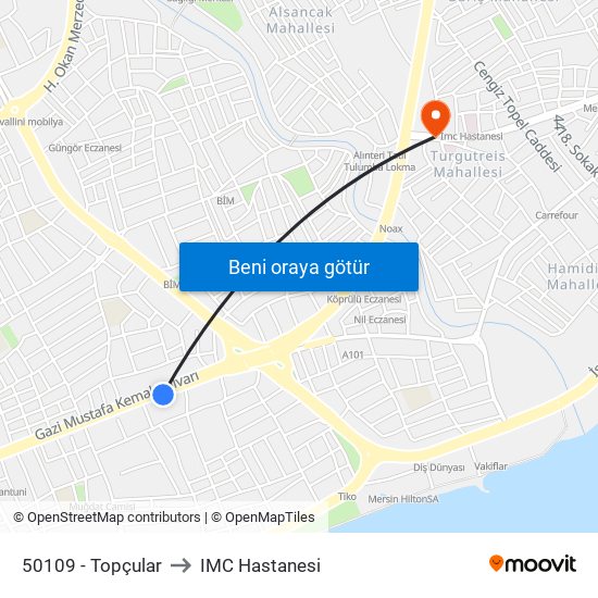 50109 - Topçular to IMC Hastanesi map