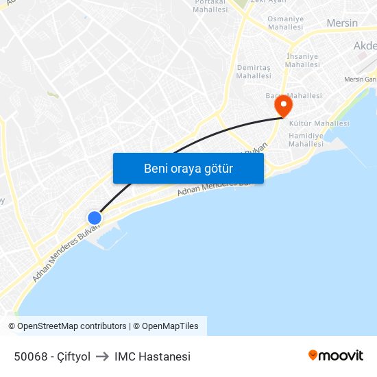 50068 - Çiftyol to IMC Hastanesi map