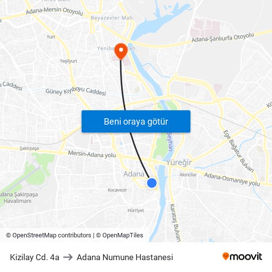 Kizilay Cd. 4a to Adana Numune Hastanesi map