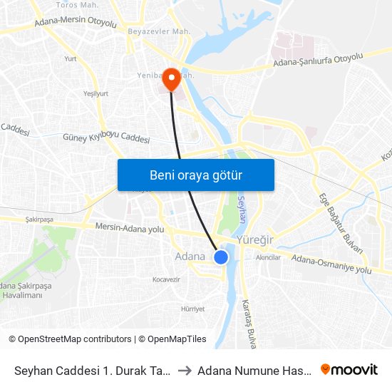 Seyhan Caddesi 1. Durak Taşköprü to Adana Numune Hastanesi map